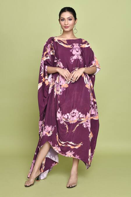 LABEL SHRISTI CHETANI Purple Crepe Print Floral Boat Neck Bloom Dress