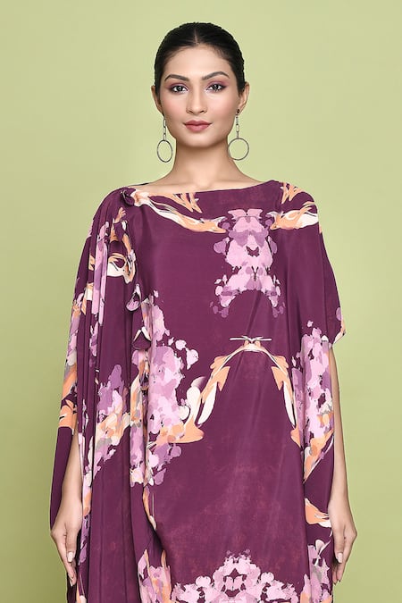 Label Shristi Chetani_Purple Crepe Boat Neck Floral Bloom Print Dress _Online_at_Aza_Fashions