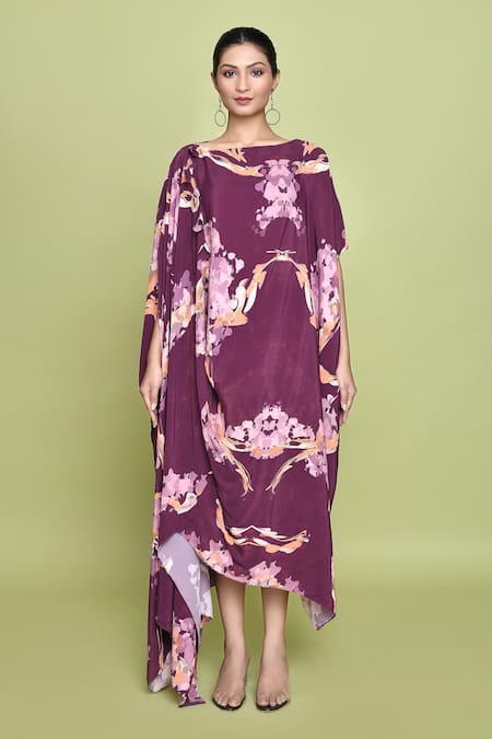 Buy_Label Shristi Chetani_Purple Crepe Boat Neck Floral Bloom Print Dress _Online_at_Aza_Fashions