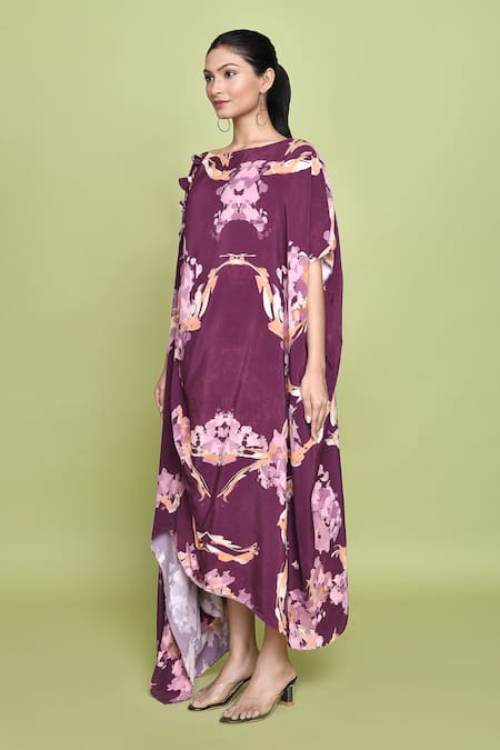Shop_Label Shristi Chetani_Purple Crepe Boat Neck Floral Bloom Print Dress _Online_at_Aza_Fashions