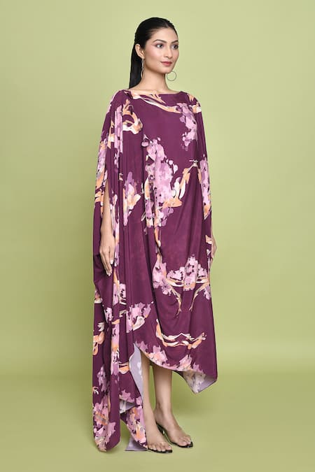 Label Shristi Chetani_Purple Crepe Boat Neck Floral Bloom Print Dress _at_Aza_Fashions