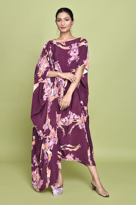 Buy_Label Shristi Chetani_Purple Crepe Boat Neck Floral Bloom Print Dress 
