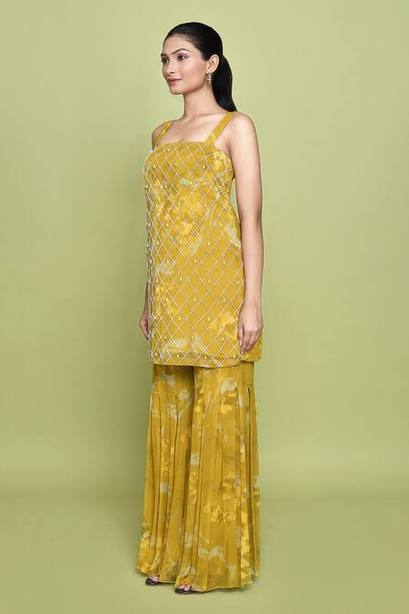 Shop_Label Shristi Chetani_Yellow Chiffon Embroidery Square Neck Buttercup Bloom Print Kurta Sharara Set_Online_at_Aza_Fashions
