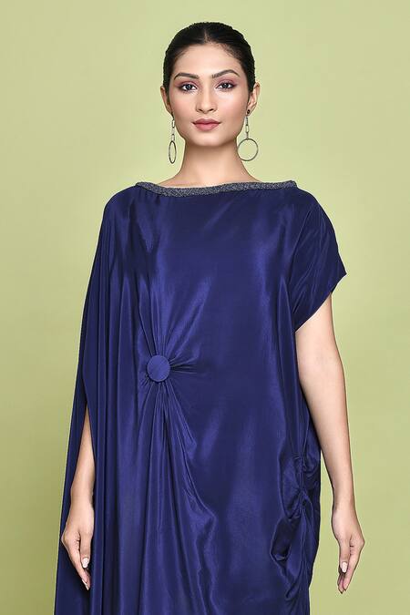 Label Shristi Chetani_Blue Crepe Beads Boat Neck Embellished Knot Draped Dress _Online_at_Aza_Fashions