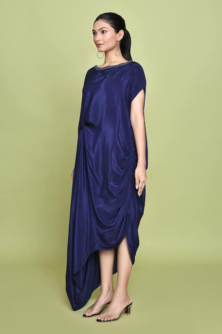 Shop_Label Shristi Chetani_Blue Crepe Beads Boat Neck Embellished Knot Draped Dress _Online_at_Aza_Fashions