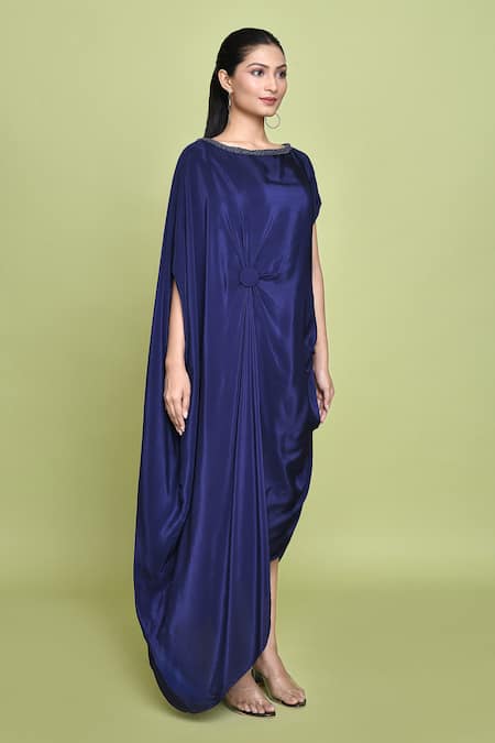 Label Shristi Chetani_Blue Crepe Beads Boat Neck Embellished Knot Draped Dress _at_Aza_Fashions