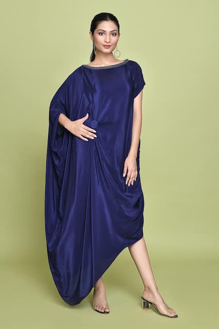 Buy_Label Shristi Chetani_Blue Crepe Beads Boat Neck Embellished Knot Draped Dress 