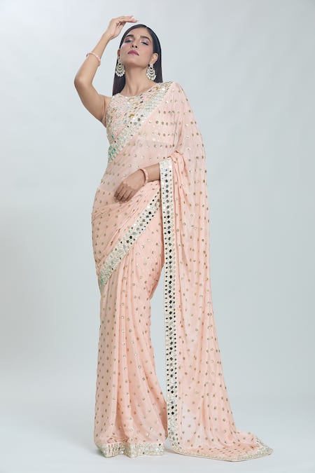Buy Vana Ethnics Peach Viscose Sequins, Mirrors Sheesha Embroidered Border Saree With Blouse Online at Aza Fashions Buy_Vana Ethnics_Peach Viscose Sequins, Mirrors Sheesha Embroidered Border Saree With Blouse _Online_at_Aza_Fashions