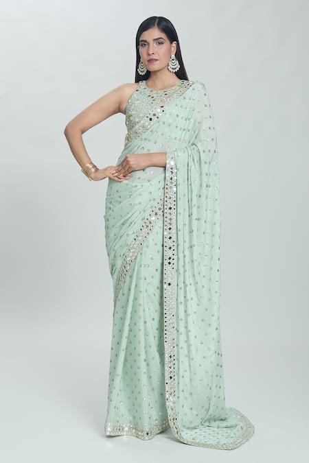 Vana Ethnics Green Viscose Hand Embroidered Sheesha (real Mirrors) Work Saree With Blouse 