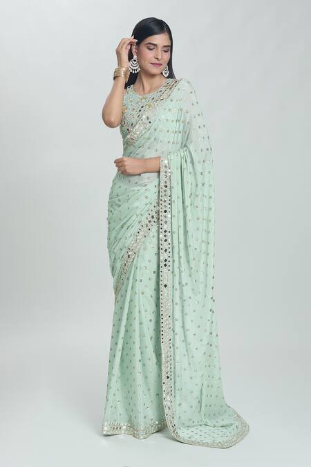 Vana Ethnics Green Viscose Sequins, Mirrors Round Sheesha Work Saree With Embroidered Blouse Online at Aza Fashions Vana Ethnics_Green Viscose Sequins, Mirrors Round Sheesha Work Saree With Embroidered Blouse _Online_at_Aza_Fashions
