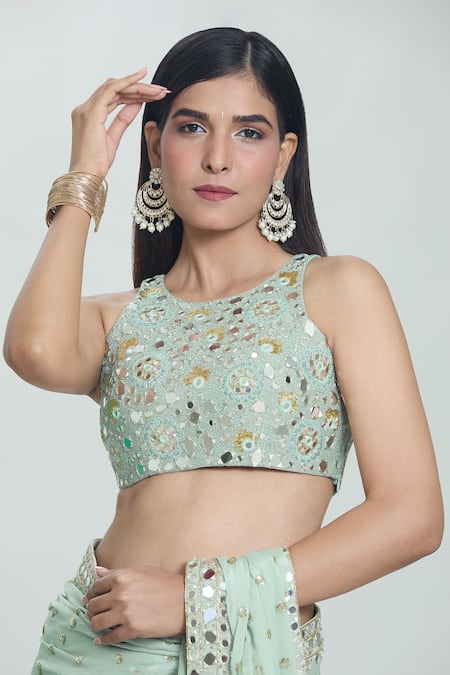 Shop Vana Ethnics Green Viscose Sequins, Mirrors Round Sheesha Work Saree With Embroidered Blouse Online at Aza Fashions Shop_Vana Ethnics_Green Viscose Sequins, Mirrors Round Sheesha Work Saree With Embroidered Blouse _Online_at_Aza_Fashions