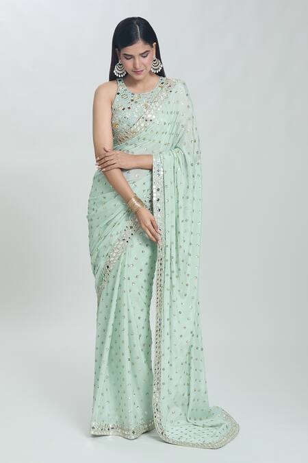 Vana Ethnics Green Viscose Sequins, Mirrors Round Sheesha Work Saree With Embroidered Blouse at Aza Fashions Vana Ethnics_Green Viscose Sequins, Mirrors Round Sheesha Work Saree With Embroidered Blouse _at_Aza_Fashions