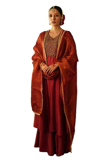 Buy Rashi Jain Red Chanderi, Tissue Embroidery, Lace V-neck Hand Bodice Anarkali Pant Set Online at Aza Fashions Buy_Rashi Jain_Red Chanderi, Tissue Embroidery, Lace V-neck Hand Bodice Anarkali Pant Set _Online_at_Aza_Fashions