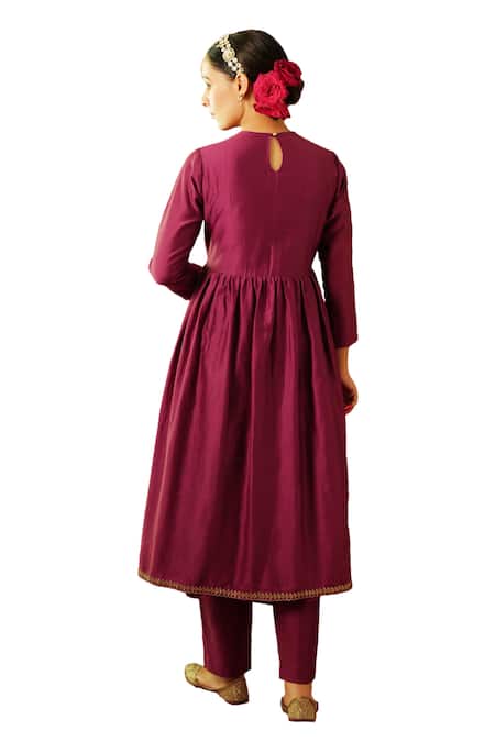 Rashi Jain_Purple Chanderi, Tissue Embroidery Round Neck Dua Hand Bodice Anarkali Pant Set _Online_at_Aza_Fashions