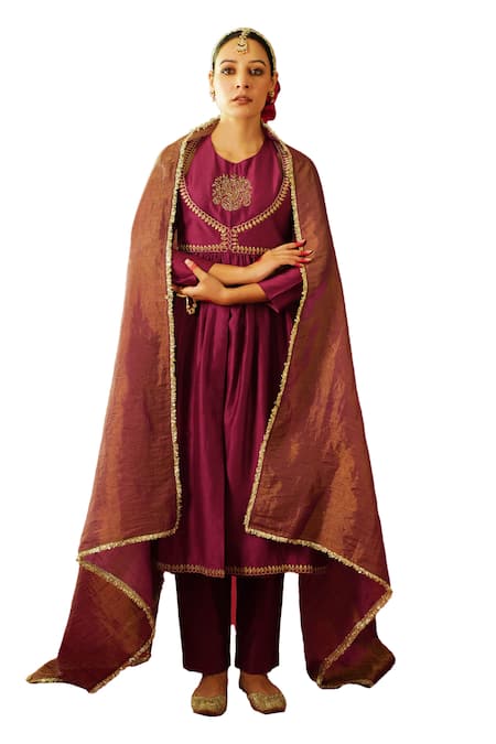 Shop_Rashi Jain_Purple Chanderi, Tissue Embroidery Round Neck Dua Hand Bodice Anarkali Pant Set _Online_at_Aza_Fashions
