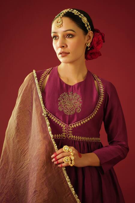 Rashi Jain_Purple Chanderi, Tissue Embroidery Round Neck Dua Hand Bodice Anarkali Pant Set _at_Aza_Fashions