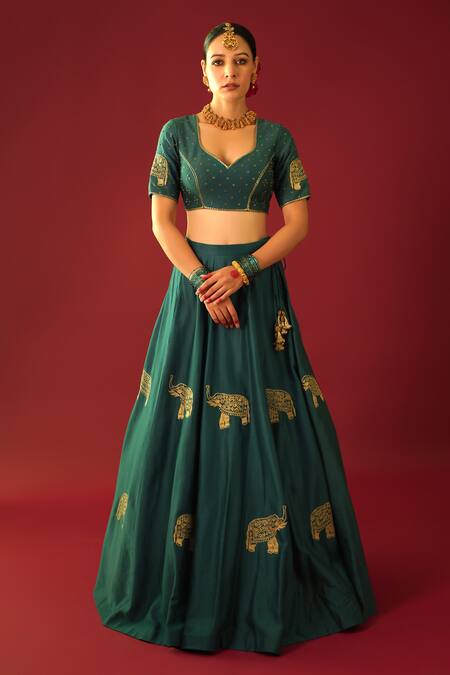 Rashi Jain_Green Chanderi, Organza Embroidery Polo Collar Fariya Elephant Lehenga Set _Online_at_Aza_Fashions
