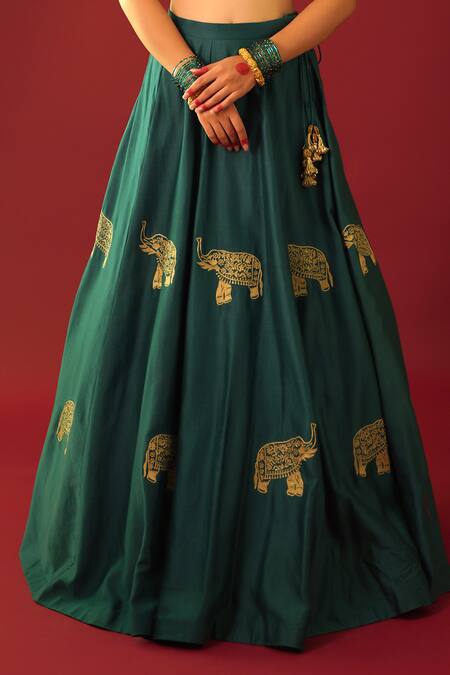 Buy_Rashi Jain_Green Chanderi, Organza Embroidery Polo Collar Fariya Elephant Lehenga Set _Online_at_Aza_Fashions