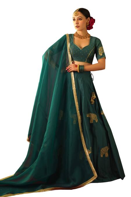 Shop_Rashi Jain_Green Chanderi, Organza Embroidery Polo Collar Fariya Elephant Lehenga Set _Online_at_Aza_Fashions