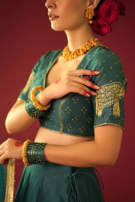 Rashi Jain_Green Chanderi, Organza Embroidery Polo Collar Fariya Elephant Lehenga Set _at_Aza_Fashions