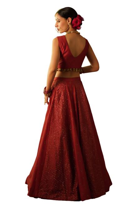 Rashi Jain_Red Chanderi, Tissue Tassels, Embroidery V-neck Fizaa Hand Lehenga Set _Online_at_Aza_Fashions