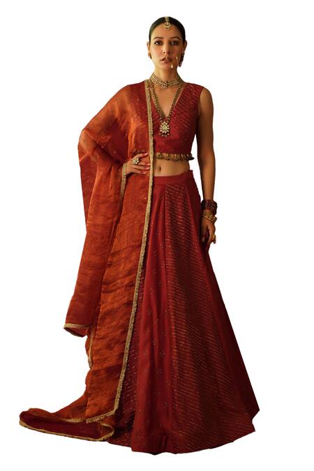Shop_Rashi Jain_Red Chanderi, Tissue Tassels, Embroidery V-neck Fizaa Hand Lehenga Set _Online_at_Aza_Fashions