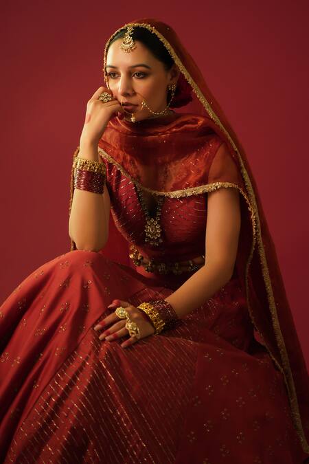 Shop_Rashi Jain_Red Chanderi, Tissue Tassels, Embroidery V-neck Fizaa Hand Lehenga Set 