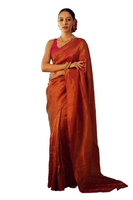 Rashi Jain_Orange Chanderi, Tissue Embroidery V-neck Mehreen Hand Saree With Blouse _Online_at_Aza_Fashions