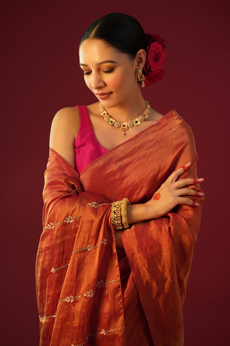 Buy_Rashi Jain_Orange Chanderi, Tissue Embroidery V-neck Mehreen Hand Saree With Blouse _Online_at_Aza_Fashions