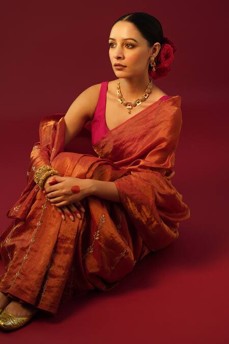 Shop_Rashi Jain_Orange Chanderi, Tissue Embroidery V-neck Mehreen Hand Saree With Blouse _Online_at_Aza_Fashions