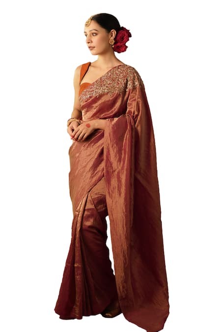 Buy_Rashi Jain_Magenta Chanderi, Tissue Embroidery Sweetheart Ruhee Hand Saree With Blouse _Online_at_Aza_Fashions