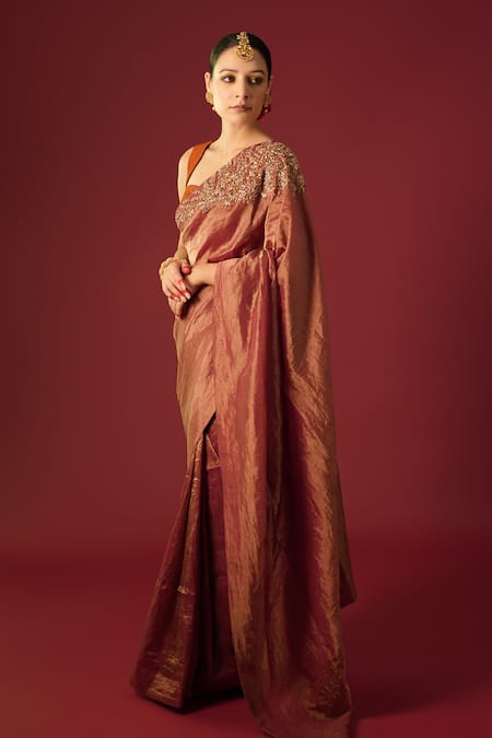 Shop_Rashi Jain_Magenta Chanderi, Tissue Embroidery Sweetheart Ruhee Hand Saree With Blouse _Online_at_Aza_Fashions