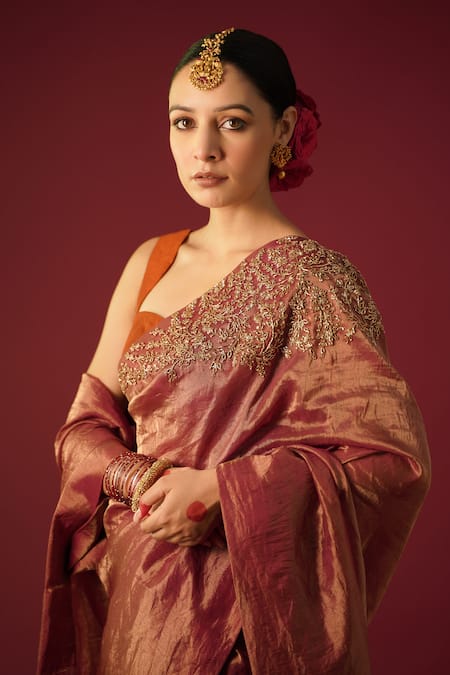 Rashi Jain_Magenta Chanderi, Tissue Embroidery Sweetheart Ruhee Hand Saree With Blouse _at_Aza_Fashions