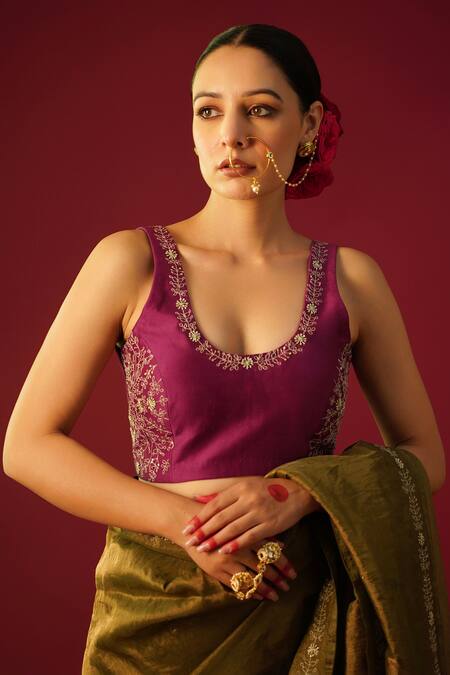 Rashi Jain_Green Chanderi, Tissue Embroidery Round Neck Safa Border Saree With Blouse _Online_at_Aza_Fashions