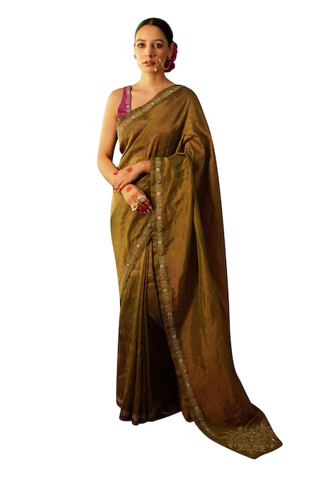 Buy_Rashi Jain_Green Chanderi, Tissue Embroidery Round Neck Safa Border Saree With Blouse _Online_at_Aza_Fashions