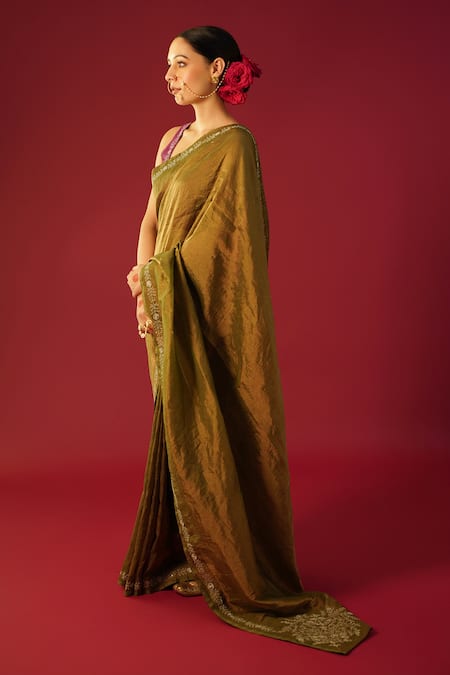 Shop_Rashi Jain_Green Chanderi, Tissue Embroidery Round Neck Safa Border Saree With Blouse _Online_at_Aza_Fashions