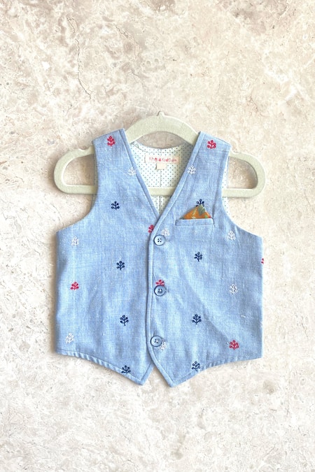 Shop_Khela_Pink Cotton Woven Striped Shirt With Bloom Motif Embroidered Waistcoat_Online_at_Aza_Fashions