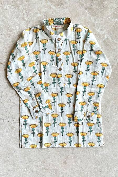 Khela_White Cotton Print Floral Handblock Marigold Kurta With Dhoti_Online_at_Aza_Fashions