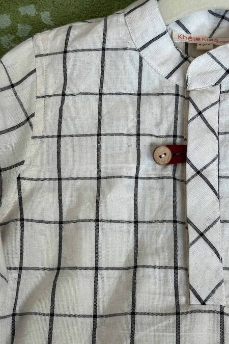 Khela White Cotton Print Checkered Kurta Style Shirt With Shorts Online at Aza Fashions Khela_White Cotton Print Checkered Kurta Style Shirt With Shorts_Online_at_Aza_Fashions