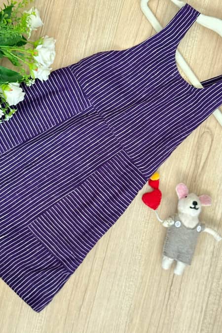 Khela_Grey Cotton Embroidery Circlet Print Shirt With Striped Woven Pinafore Dress_Online_at_Aza_Fashions