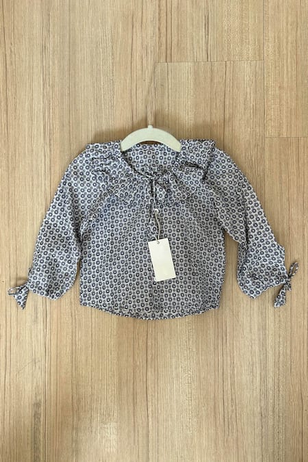 Shop_Khela_Grey Cotton Embroidery Circlet Print Shirt With Striped Woven Pinafore Dress_Online_at_Aza_Fashions