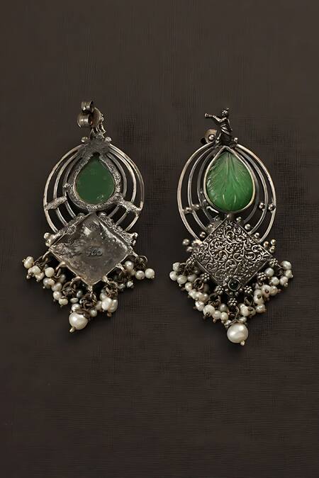 Mero Jewellery_Green Pearls, Stones Floral Carved Temple Earrings _Online_at_Aza_Fashions