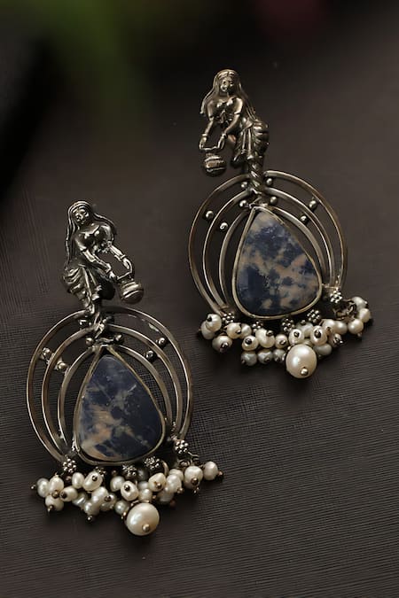 Mero Jewellery Lapis Temple Carved Earrings 