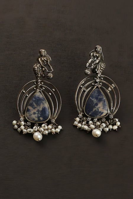 Mero Jewellery Lapis Temple Carved Earrings 