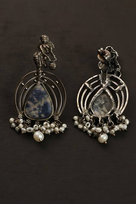 Mero Jewellery_Blue Lace, Pearls Lapis Temple Carved Earrings _Online_at_Aza_Fashions