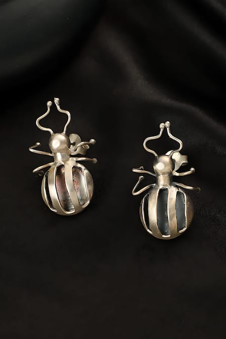 Mero Jewellery Silver Plated Beetle Carved Earrings