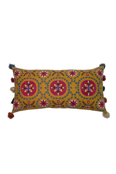 Buy_House Of Inari_Yellow 100% Cotton Suzani Bukhara Embroidered Cushion Cover_Online_at_Aza_Fashions