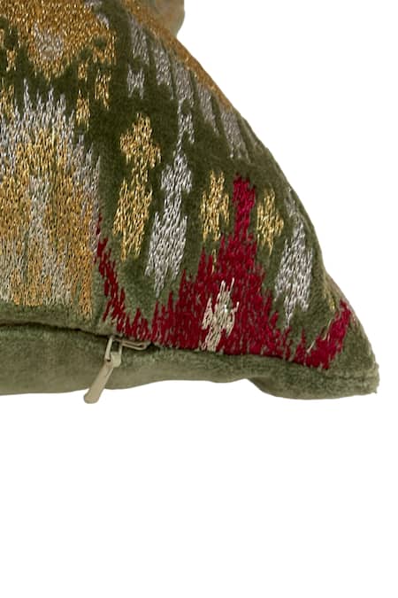 House Of Inari_Green 100% Cotton Velvet Thread Opulence Embroidered Cushion Cover_Online_at_Aza_Fashions