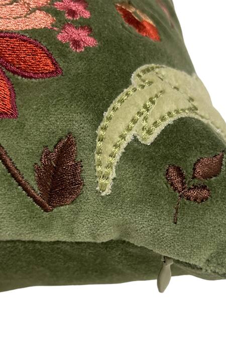 House Of Inari_Green 100% Cotton Velvet Thread Royal Jardin Embroidered Cushion Cover_Online_at_Aza_Fashions