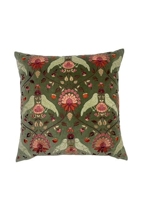 Buy_House Of Inari_Green 100% Cotton Velvet Thread Royal Jardin Embroidered Cushion Cover_Online_at_Aza_Fashions